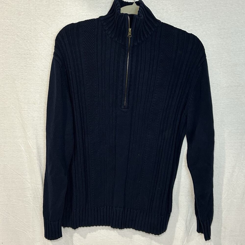 Perry Ellis Sweater Mens Medium Navy Mock Neck 1/4 Zip Long Sleeve Pullover